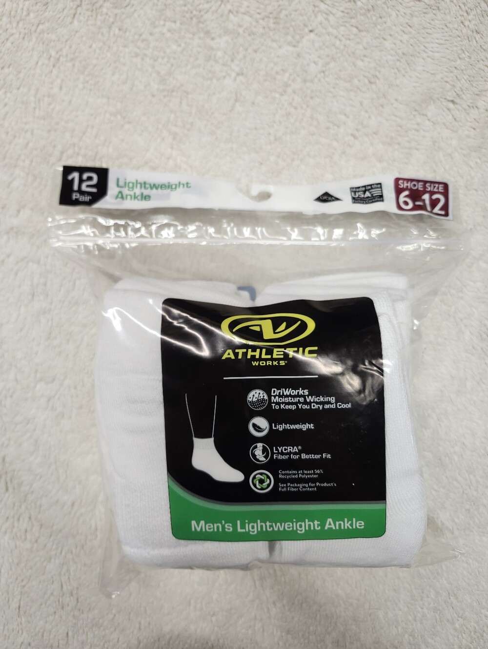 •Athletic Works Mens Ankle Socks 12 Pack White Shoe Sz 6-12 NWT Moisture Wicking
